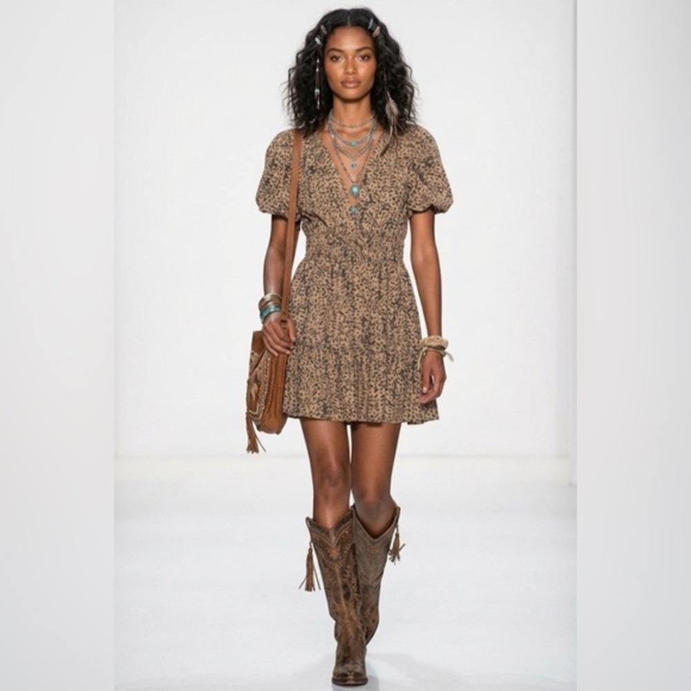 By Anthropologie Leopard Print Smocked Waist Tiered Ruffle Mini Dress Brown Sz M - Picture 1 of 14